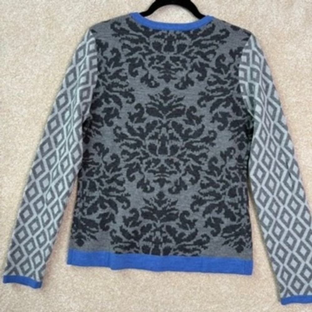 GARNET HILL Cardigan Women's Medium Gray Blue Damask 100% Merino Wool Sweater - Picture 7 of 7